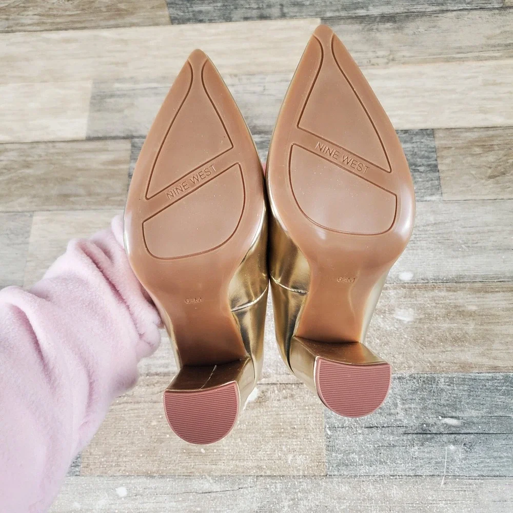 Nine West Plana 3 Womens Pumps Sz 6.5 M Metallic Gold Pointed Toe Ankle Strap